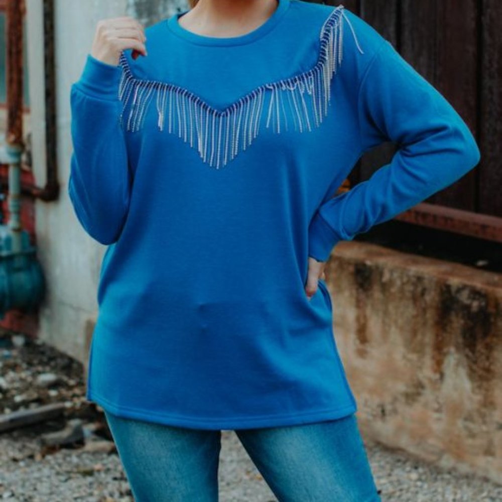 rhinestone Fringe blue sweater by crazytrain NWT